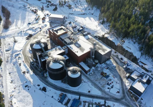 Aerial drone shot of biogas facility in Norway